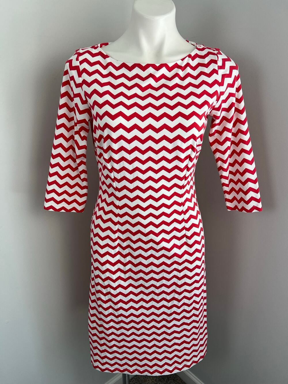 J. McLaughlin Red White Chevron Catalina Cloth Jersey 3/4 Sleeve Dress Small